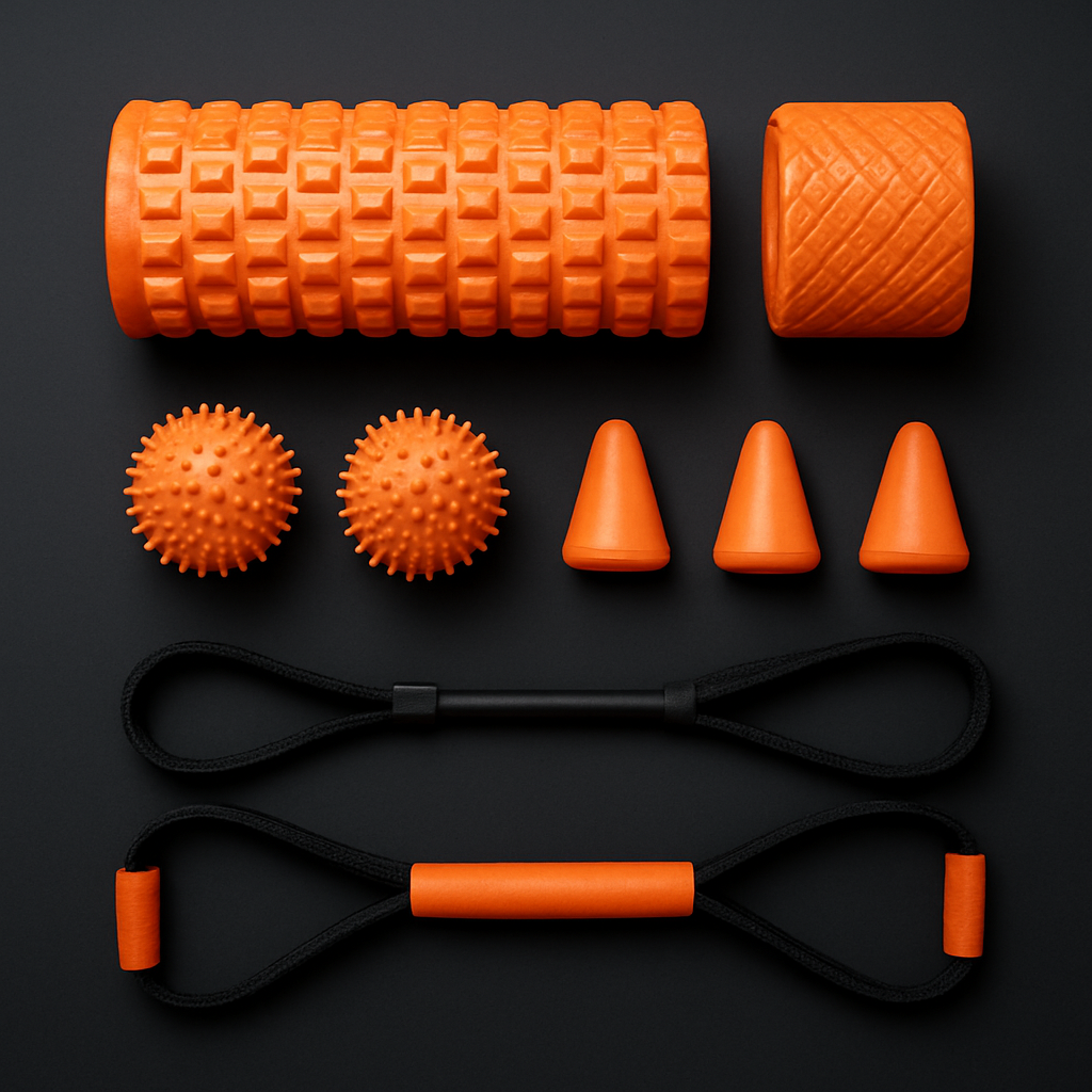 Beartrap accessory kit including rollers, trigger point balls, cones and resistance cords laid flat on dark surface